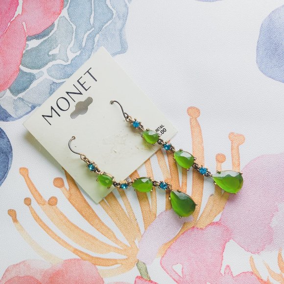 MONET Jewelry || Smokey Emerald Green Baby Blue Dimond Look Dangle Hook Earrings - Picture 5 of 6